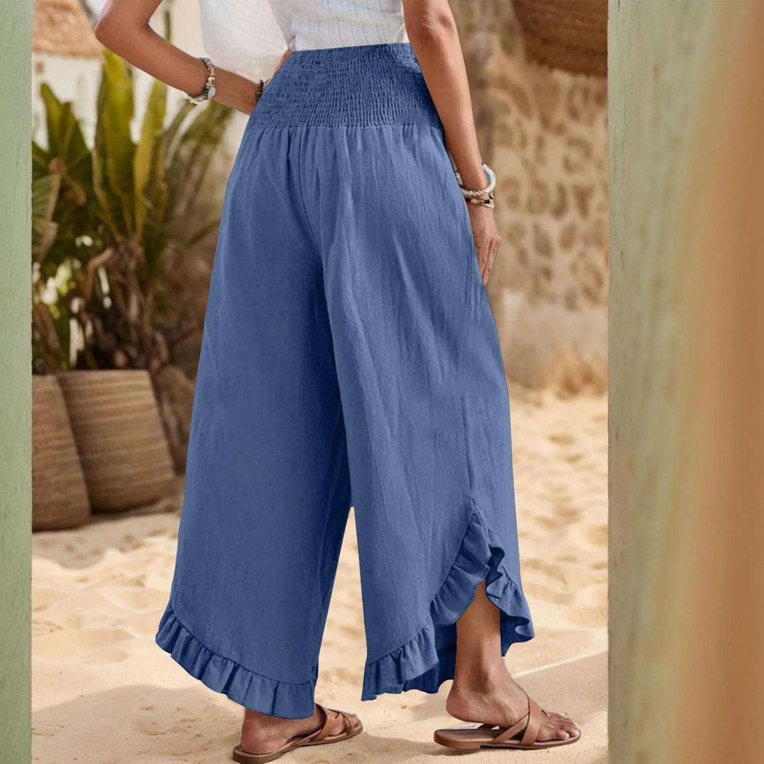 Linen Casual Pants for Women Summer Flowy Palazzo Pants Dressy High Waist Smocked Ruffle Hem Classic Pockets Trousers