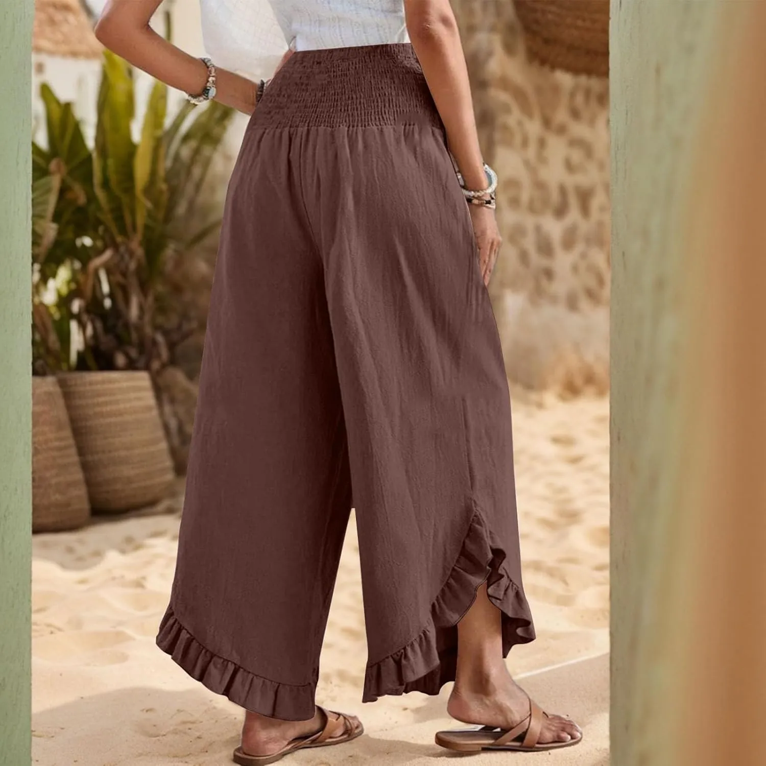 Linen Casual Pants for Women Summer Flowy Palazzo Pants Dressy High Waist Smocked Ruffle Hem Classic Pockets Trousers