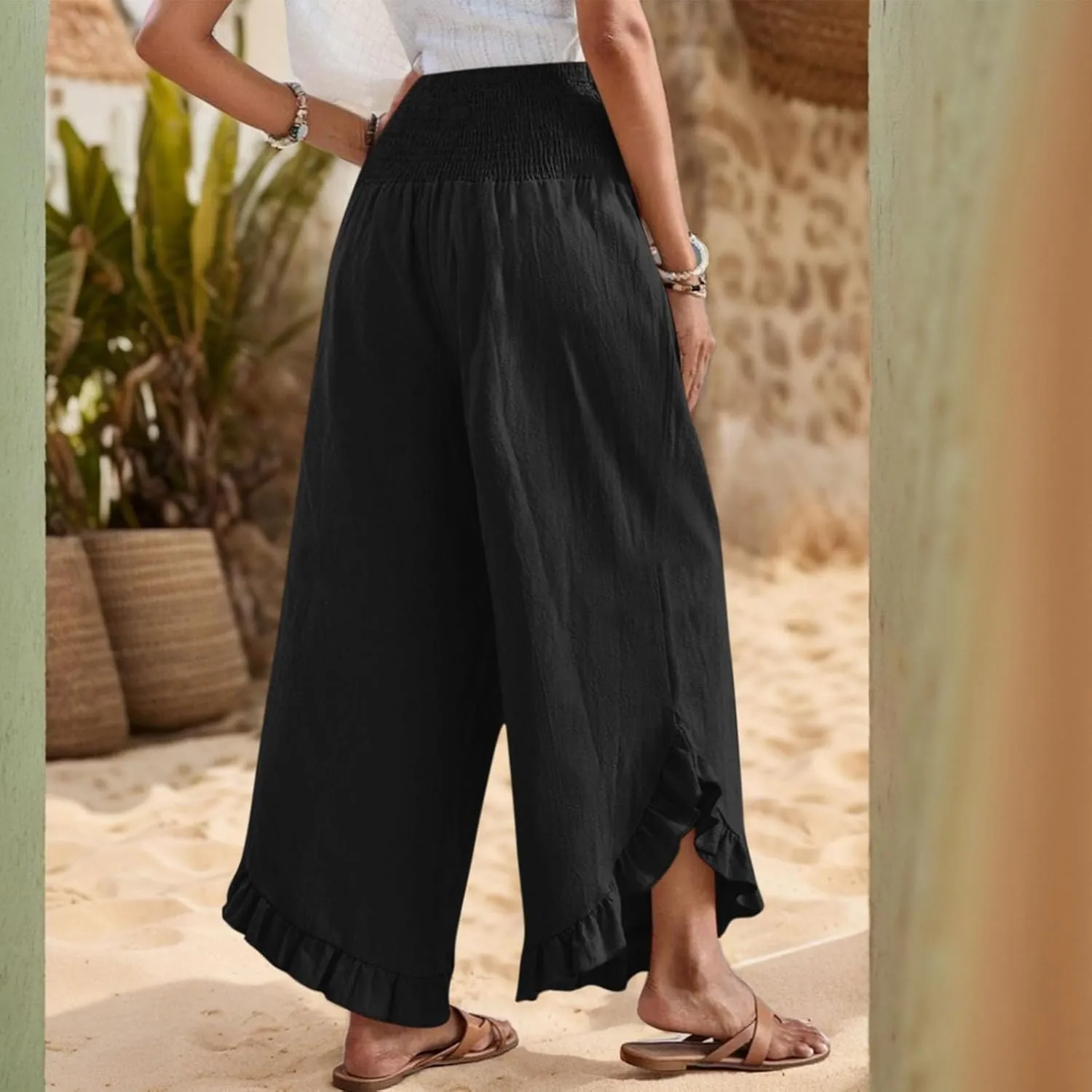 Linen Casual Pants for Women Summer Flowy Palazzo Pants Dressy High Waist Smocked Ruffle Hem Classic Pockets Trousers