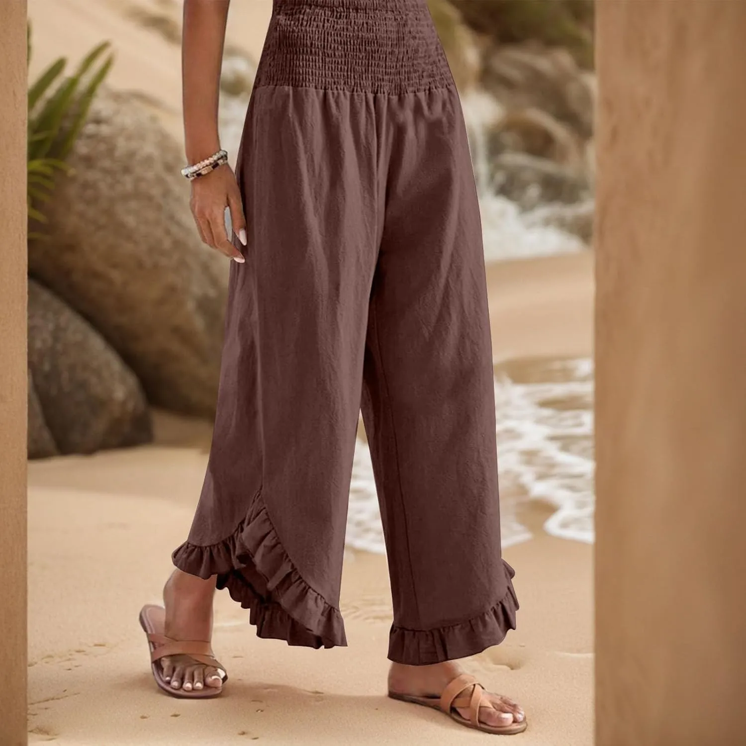 Linen Casual Pants for Women Summer Flowy Palazzo Pants Dressy High Waist Smocked Ruffle Hem Classic Pockets Trousers