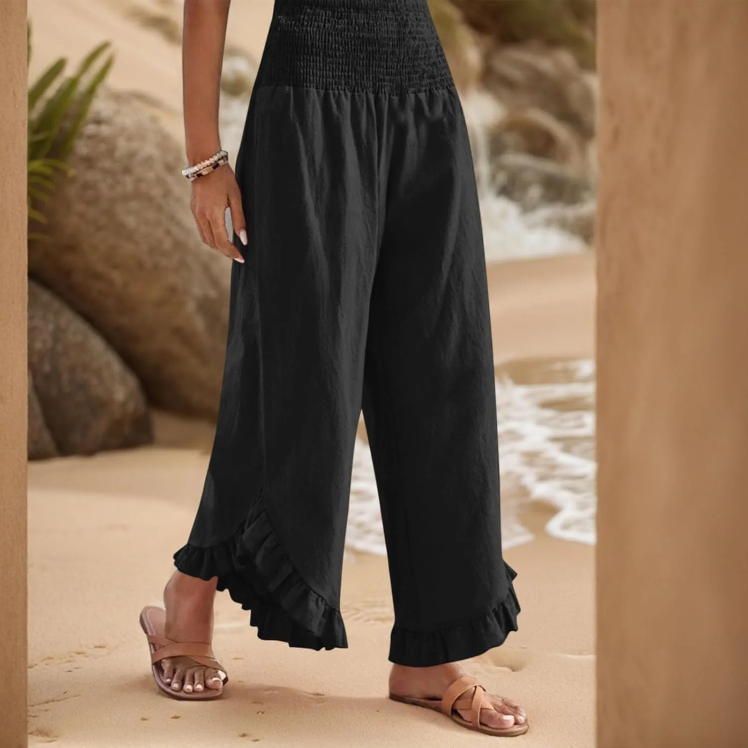 Linen Casual Pants for Women Summer Flowy Palazzo Pants Dressy High Waist Smocked Ruffle Hem Classic Pockets Trousers