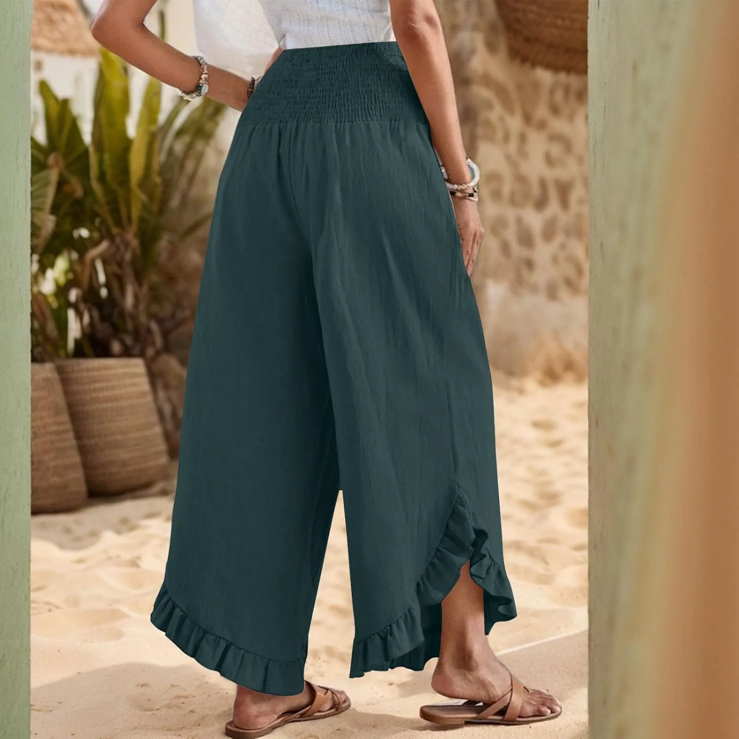 Linen Casual Pants for Women Summer Flowy Palazzo Pants Dressy High Waist Smocked Ruffle Hem Classic Pockets Trousers