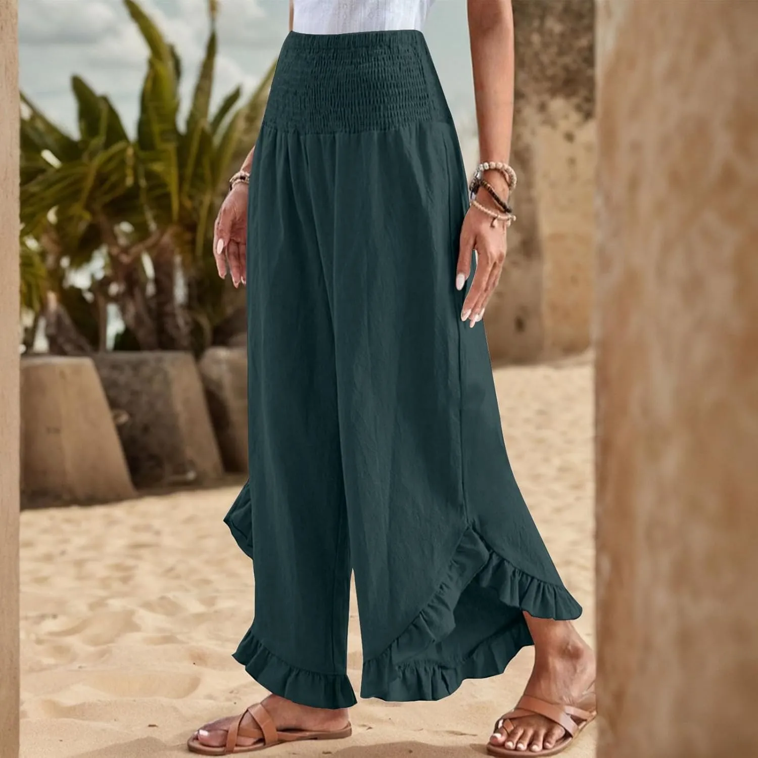 Linen Casual Pants for Women Summer Flowy Palazzo Pants Dressy High Waist Smocked Ruffle Hem Classic Pockets Trousers