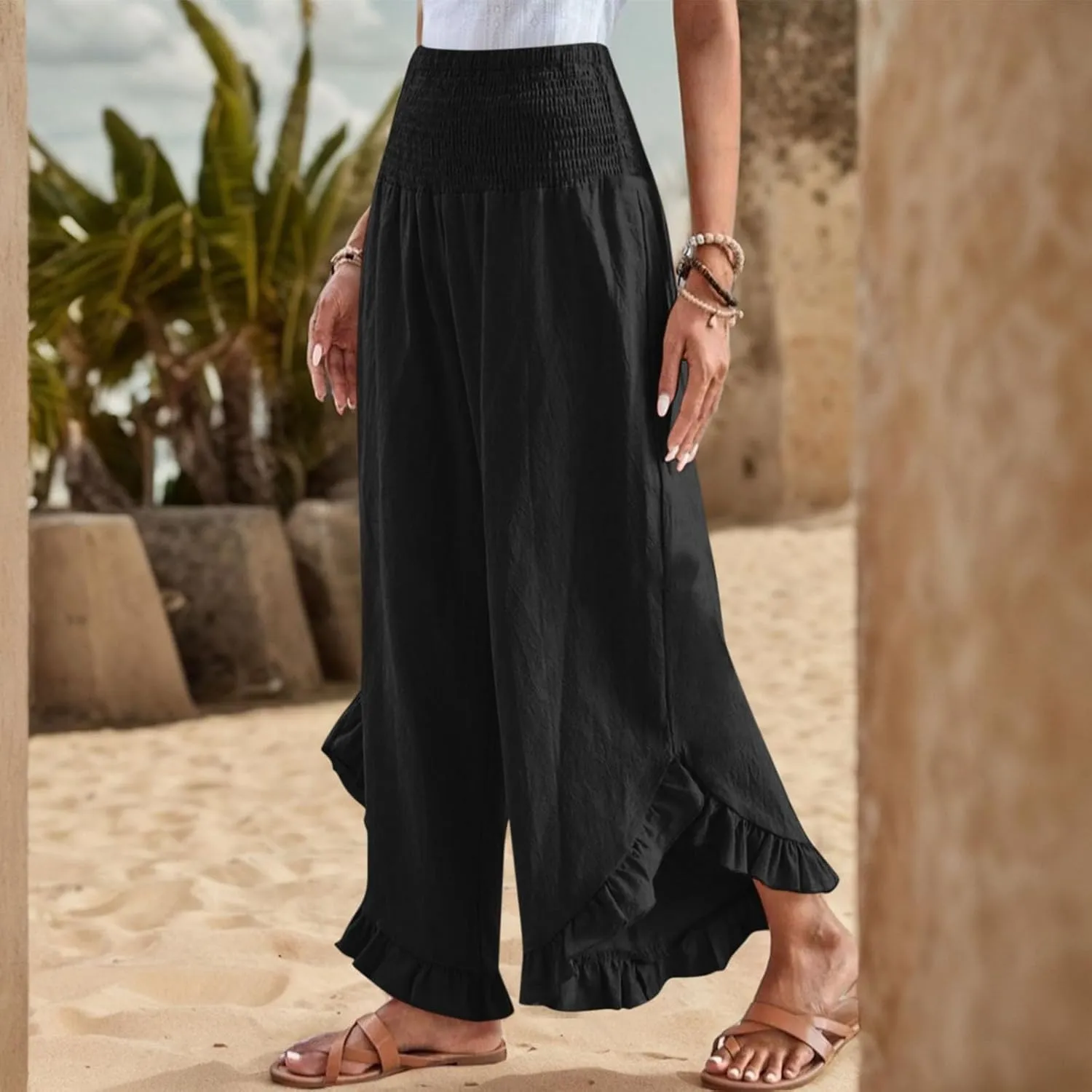 Linen Casual Pants for Women Summer Flowy Palazzo Pants Dressy High Waist Smocked Ruffle Hem Classic Pockets Trousers