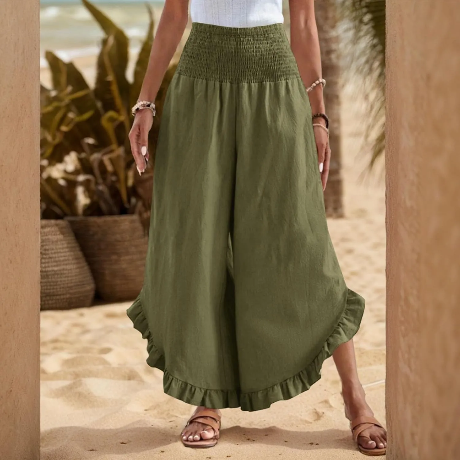 Linen Casual Pants for Women Summer Flowy Palazzo Pants Dressy High Waist Smocked Ruffle Hem Classic Pockets Trousers