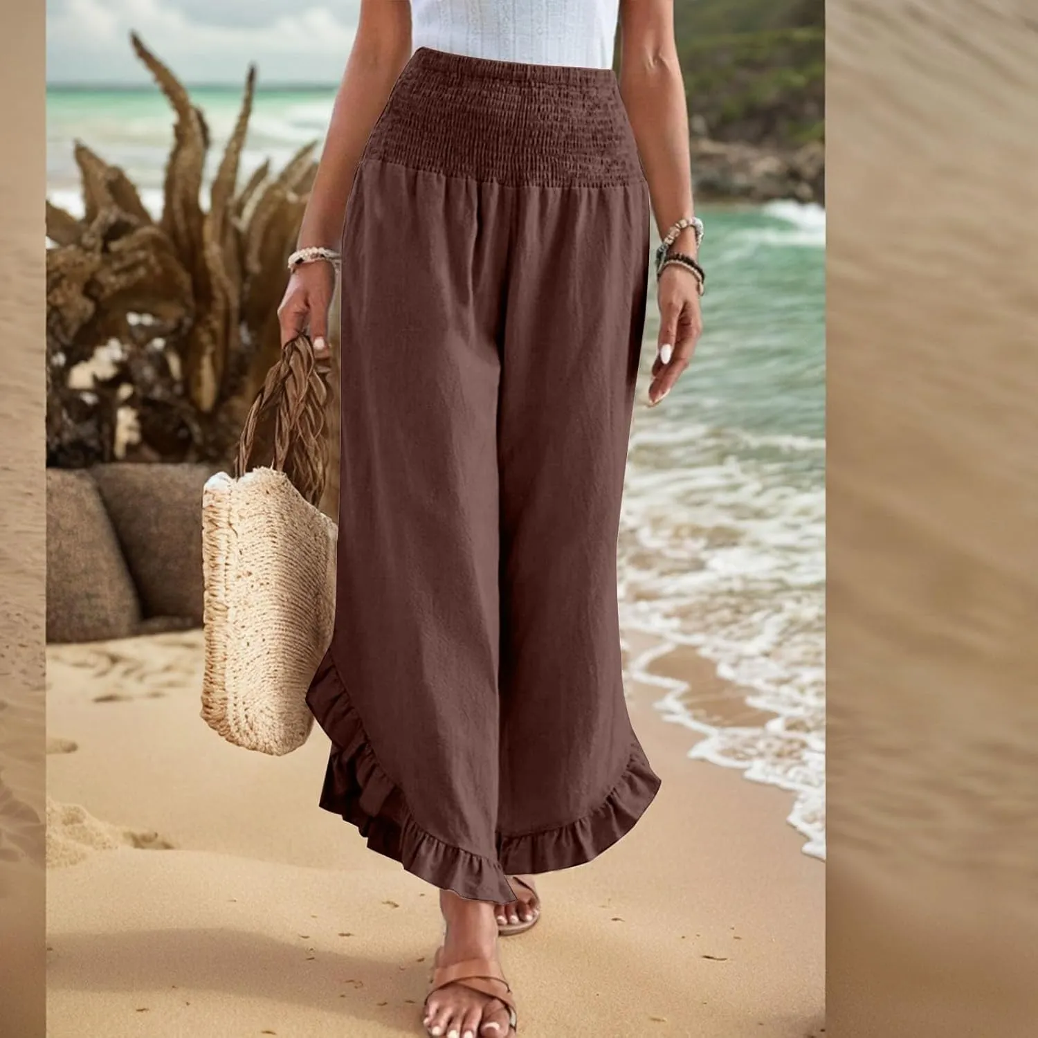 Linen Casual Pants for Women Summer Flowy Palazzo Pants Dressy High Waist Smocked Ruffle Hem Classic Pockets Trousers