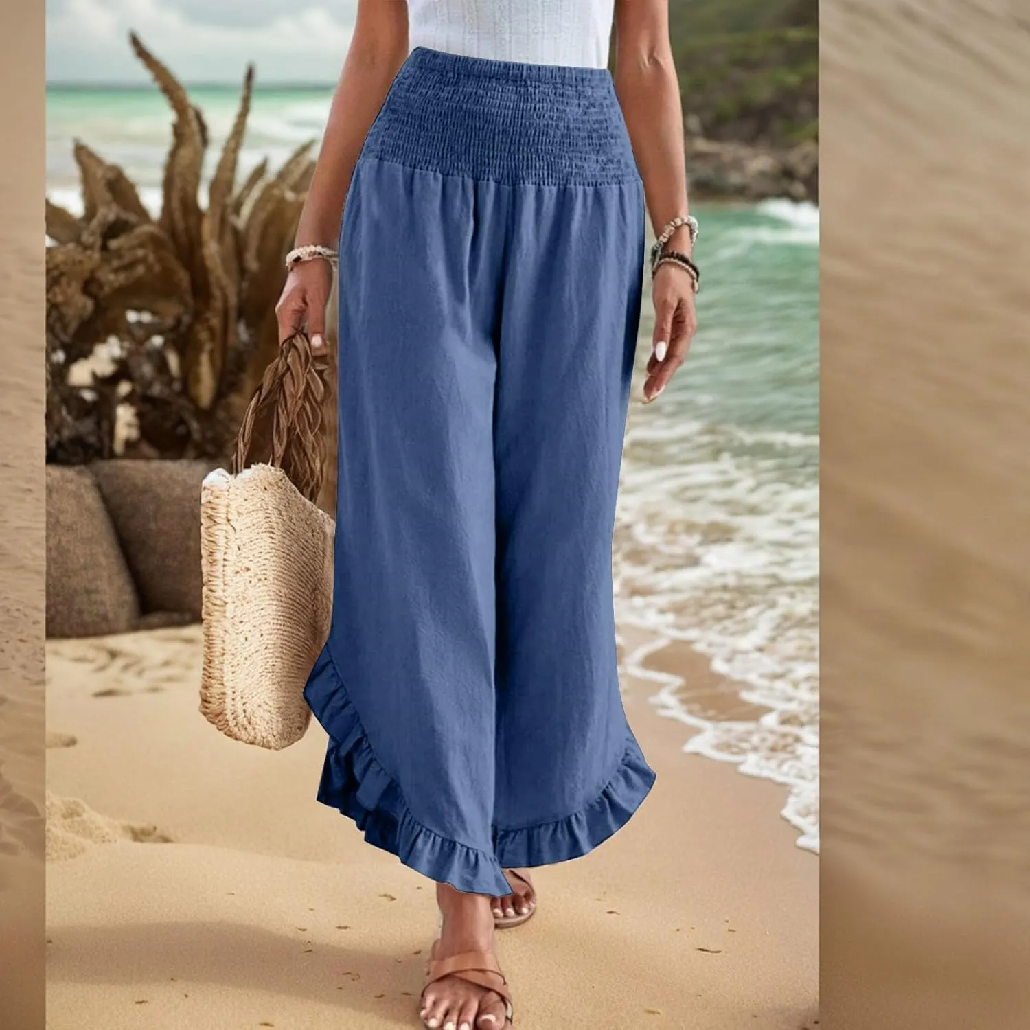 Linen Casual Pants for Women Summer Flowy Palazzo Pants Dressy High Waist Smocked Ruffle Hem Classic Pockets Trousers