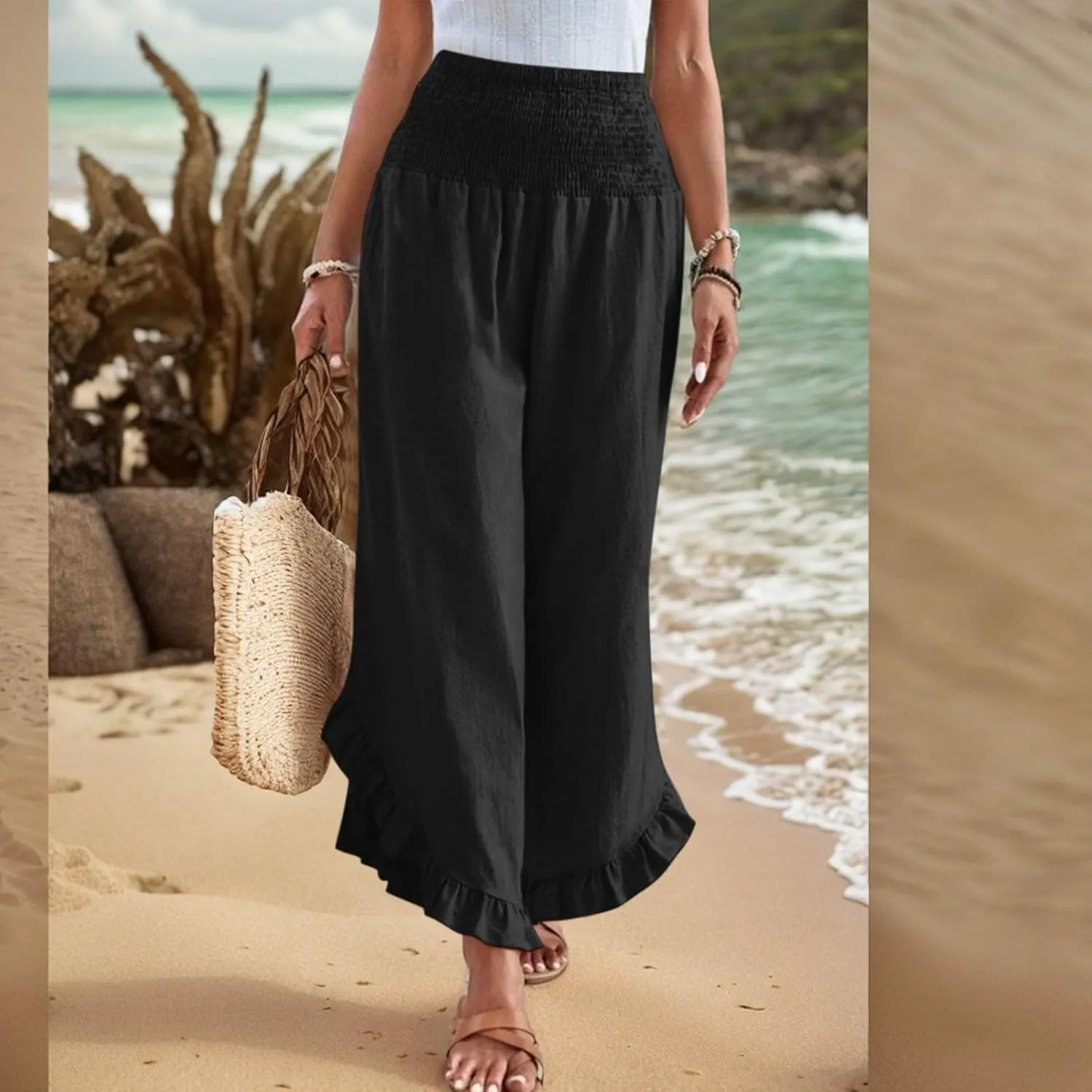 Linen Casual Pants for Women Summer Flowy Palazzo Pants Dressy High Waist Smocked Ruffle Hem Classic Pockets Trousers