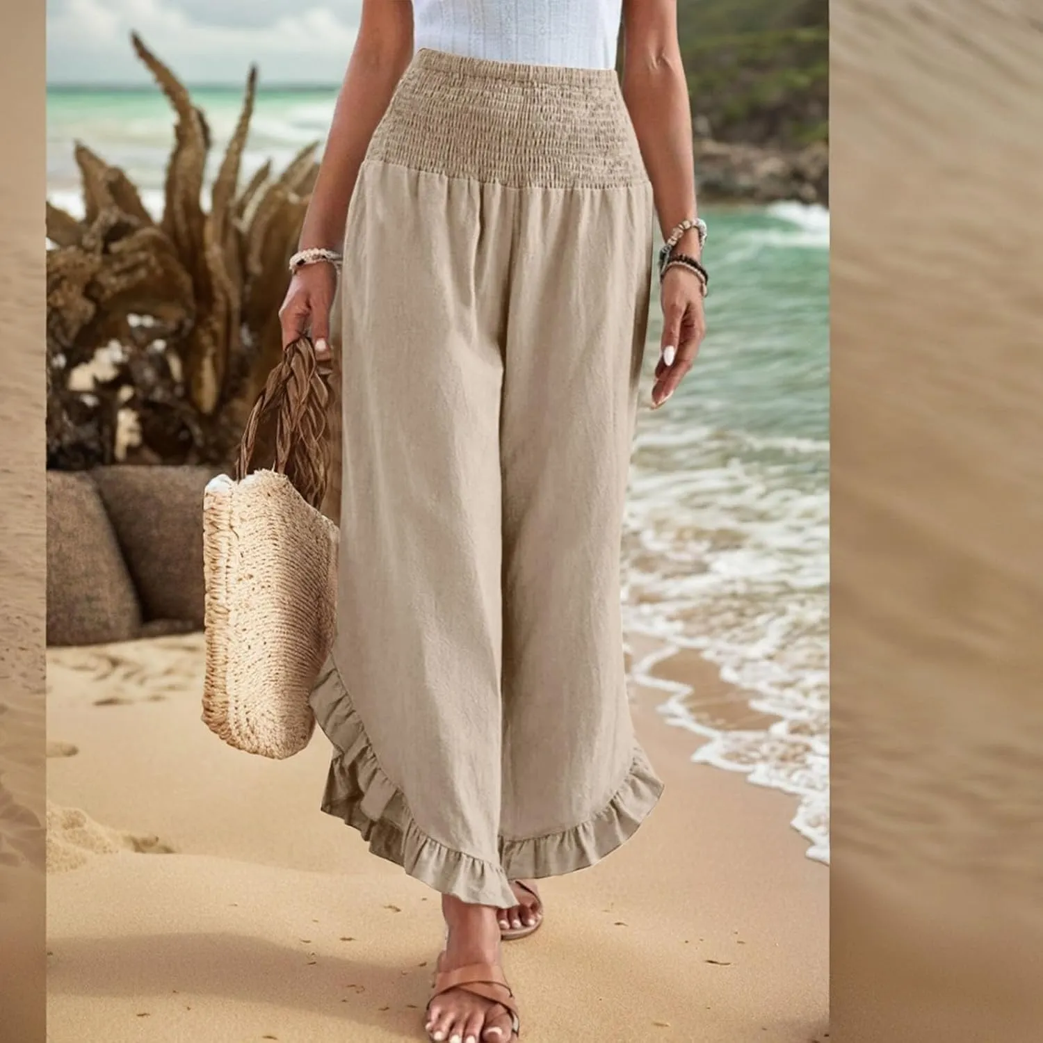Linen Casual Pants for Women Summer Flowy Palazzo Pants Dressy High Waist Smocked Ruffle Hem Classic Pockets Trousers