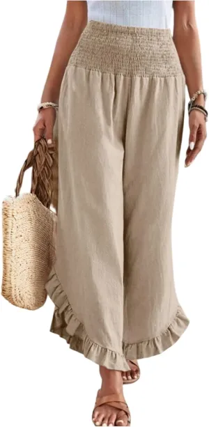 Linen Casual Pants for Women Summer Flowy Palazzo Pants Dressy High Waist Smocked Ruffle Hem Classic Pockets Trousers
