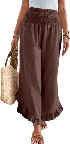Linen Casual Pants for Women Summer Flowy Palazzo Pants Dressy High Waist Smocked Ruffle Hem Classic Pockets Trousers