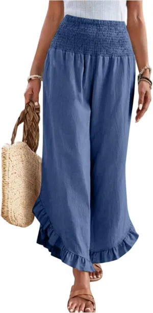 Linen Casual Pants for Women Summer Flowy Palazzo Pants Dressy High Waist Smocked Ruffle Hem Classic Pockets Trousers