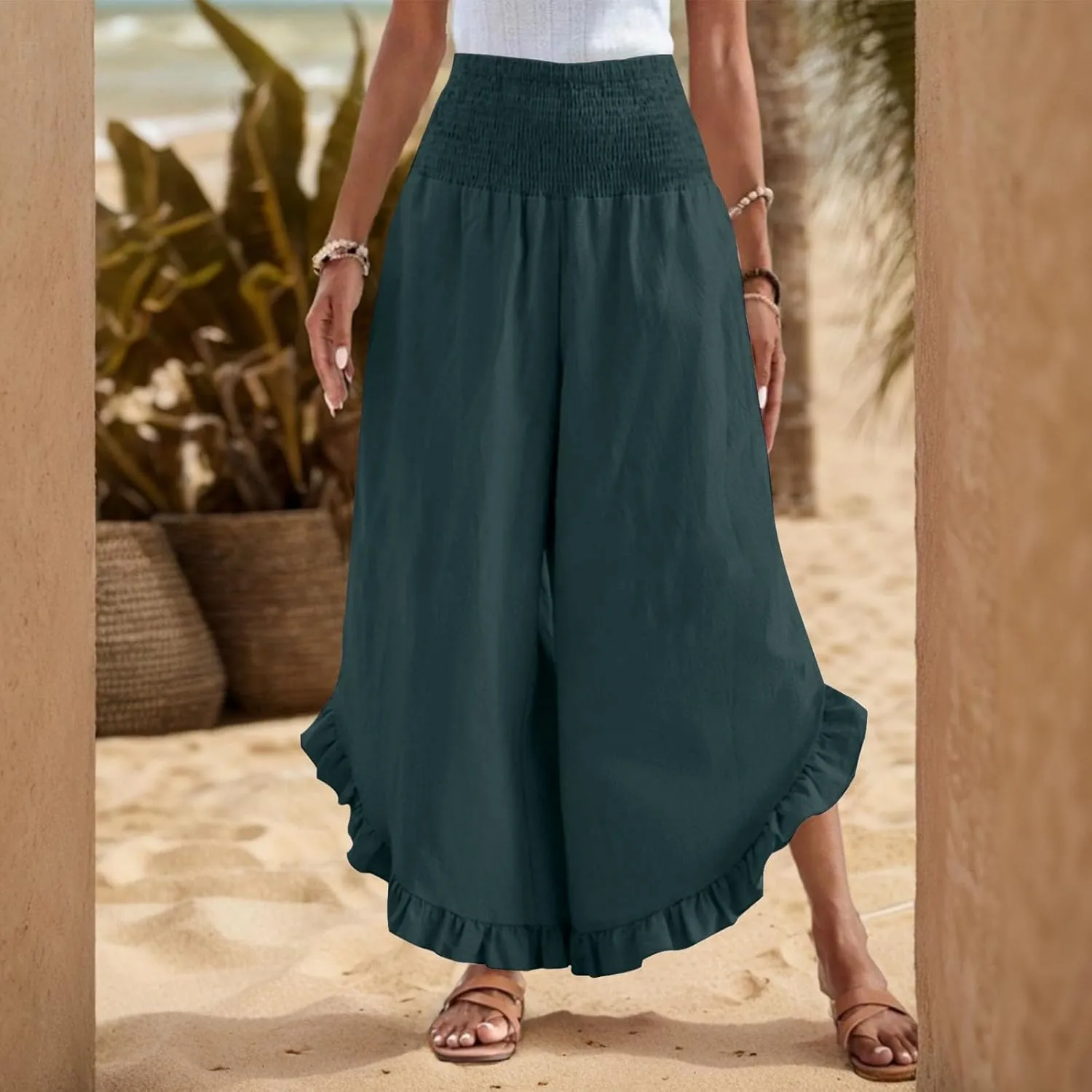 Linen Casual Pants for Women Summer Flowy Palazzo Pants Dressy High Waist Smocked Ruffle Hem Classic Pockets Trousers