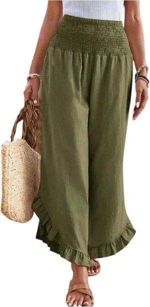 Linen Casual Pants for Women Summer Flowy Palazzo Pants Dressy High Waist Smocked Ruffle Hem Classic Pockets Trousers