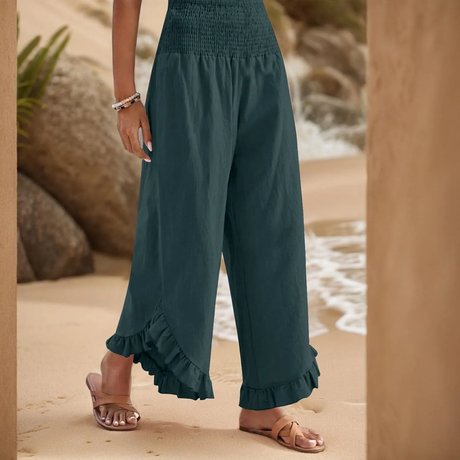 Linen Casual Pants for Women Summer Flowy Palazzo Pants Dressy High Waist Smocked Ruffle Hem Classic Pockets Trousers