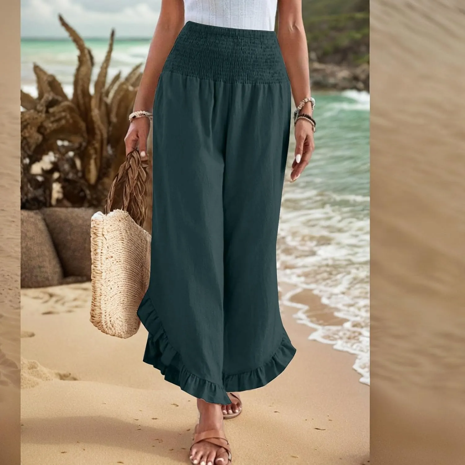 Linen Casual Pants for Women Summer Flowy Palazzo Pants Dressy High Waist Smocked Ruffle Hem Classic Pockets Trousers