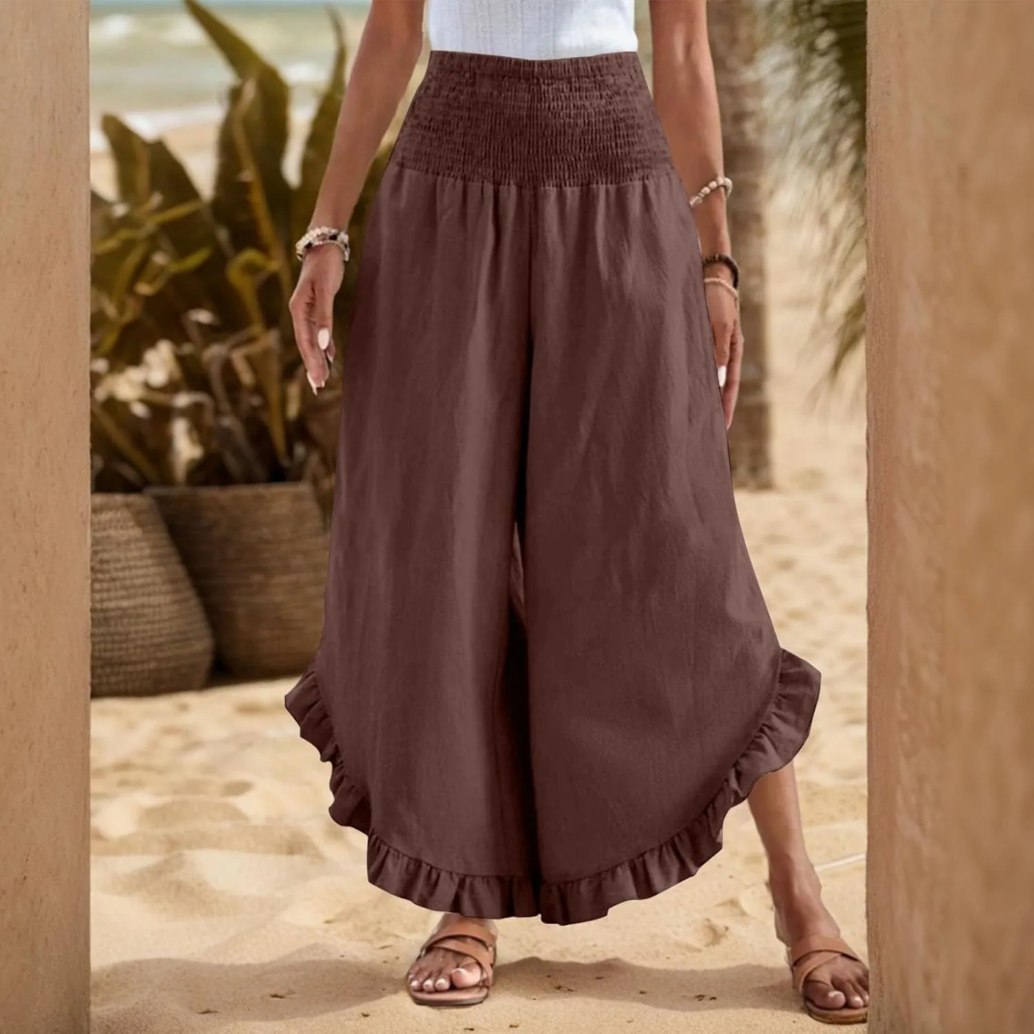 Linen Casual Pants for Women Summer Flowy Palazzo Pants Dressy High Waist Smocked Ruffle Hem Classic Pockets Trousers