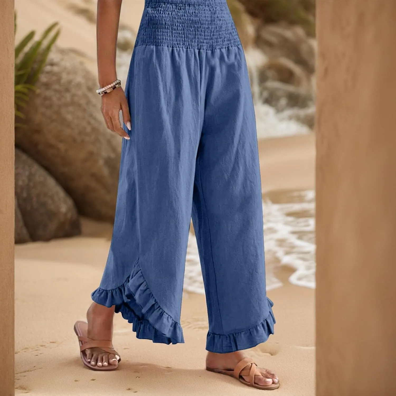 Linen Casual Pants for Women Summer Flowy Palazzo Pants Dressy High Waist Smocked Ruffle Hem Classic Pockets Trousers