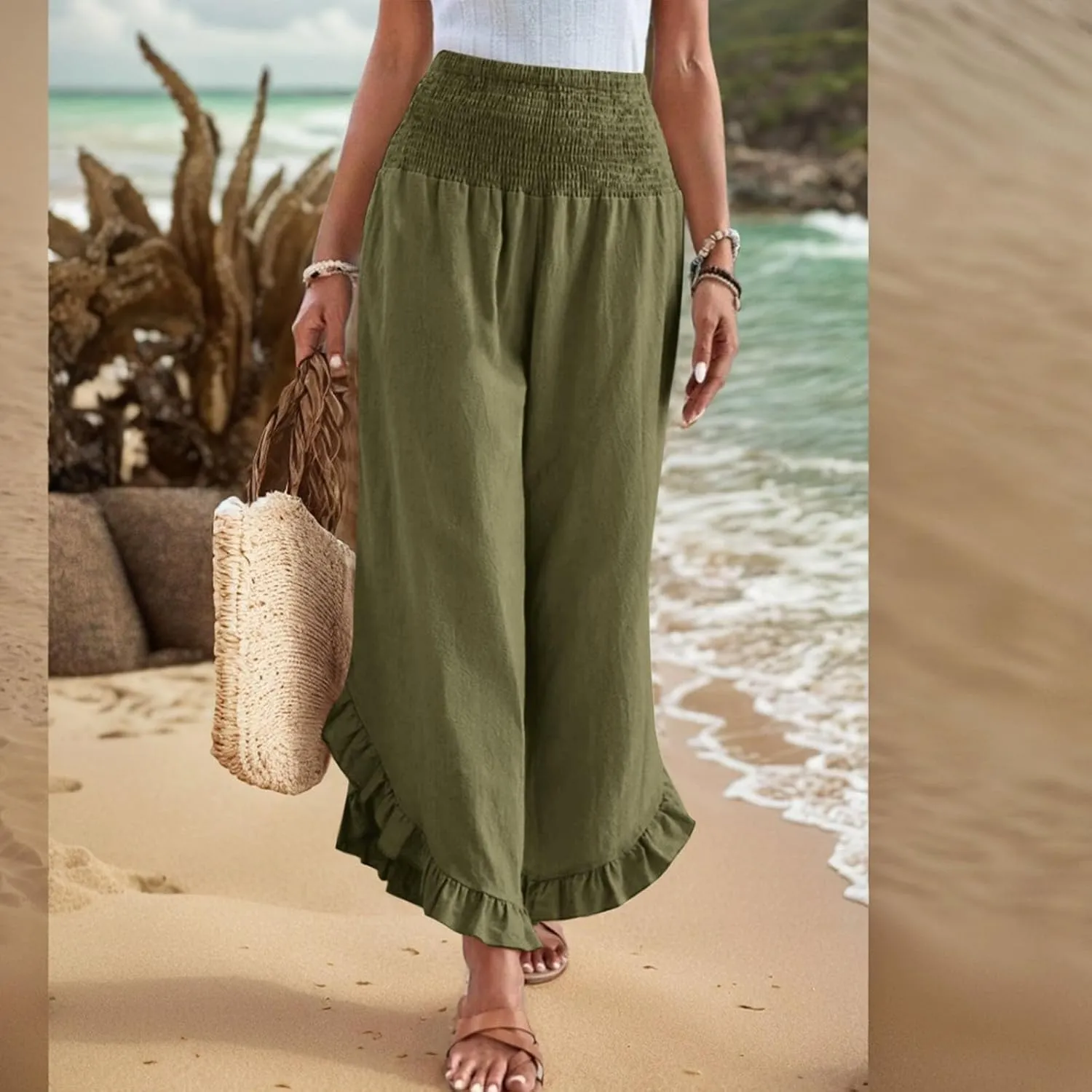 Linen Casual Pants for Women Summer Flowy Palazzo Pants Dressy High Waist Smocked Ruffle Hem Classic Pockets Trousers