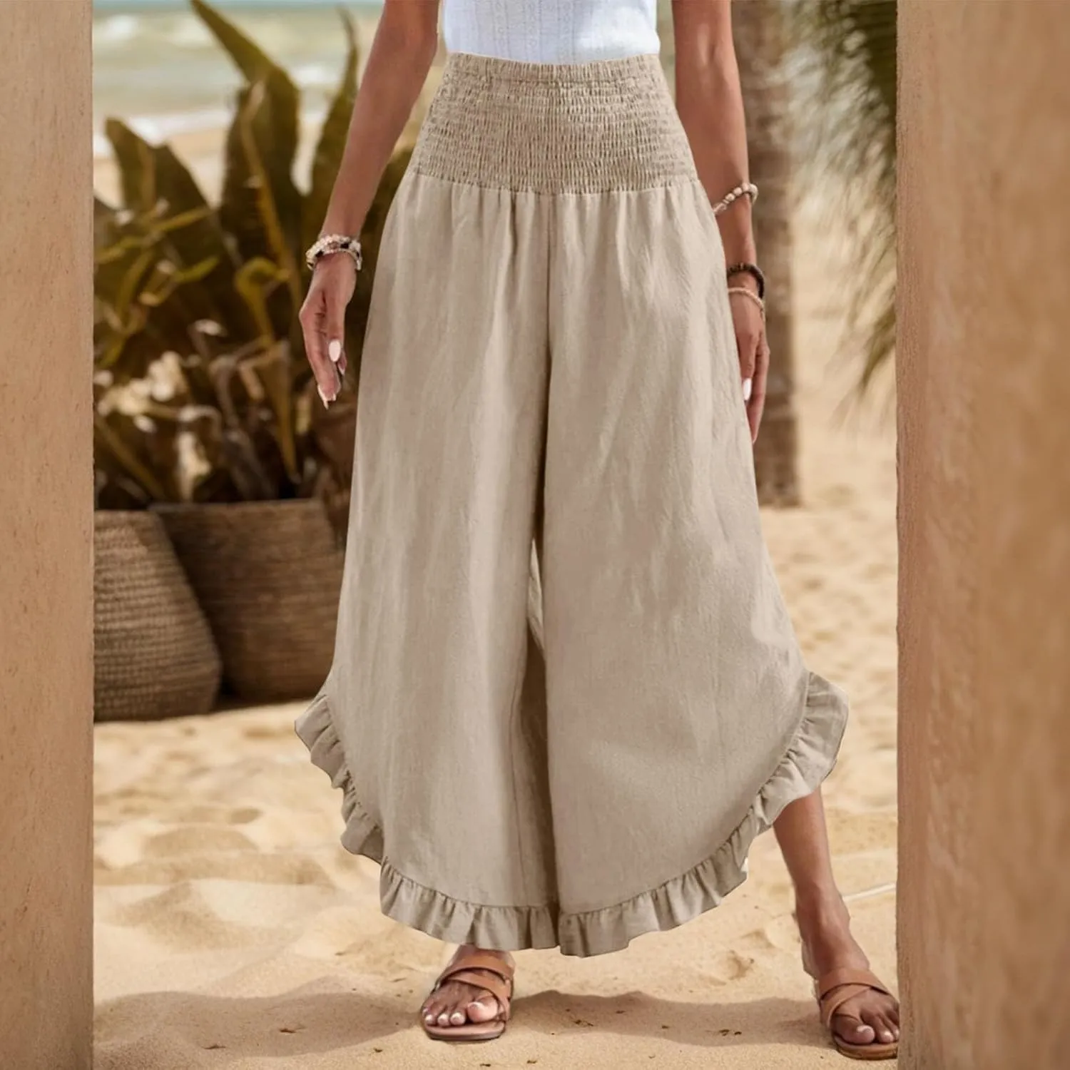 Linen Casual Pants for Women Summer Flowy Palazzo Pants Dressy High Waist Smocked Ruffle Hem Classic Pockets Trousers