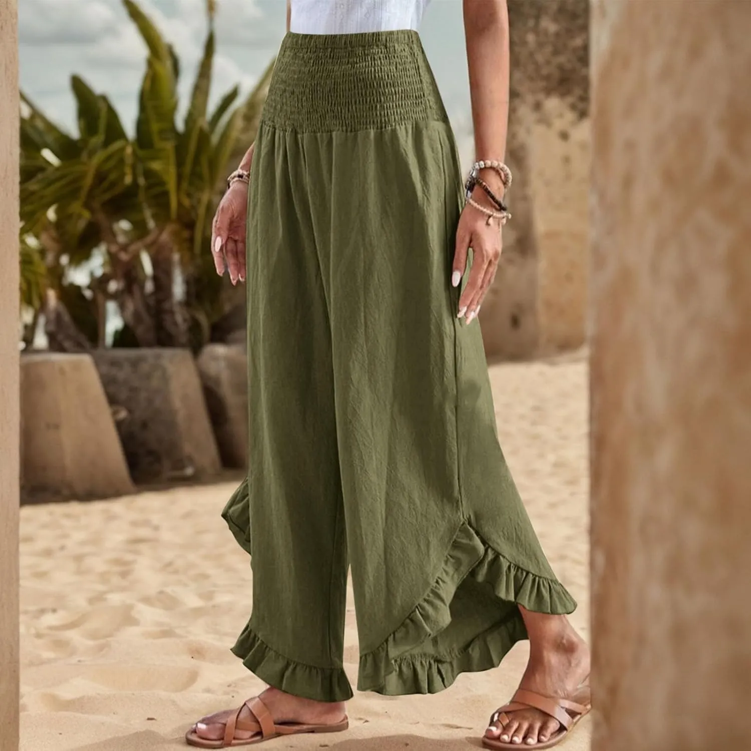 Linen Casual Pants for Women Summer Flowy Palazzo Pants Dressy High Waist Smocked Ruffle Hem Classic Pockets Trousers