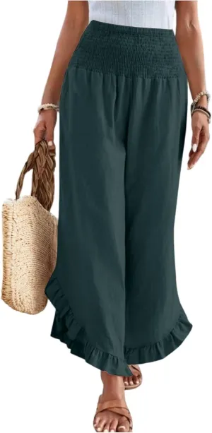 Linen Casual Pants for Women Summer Flowy Palazzo Pants Dressy High Waist Smocked Ruffle Hem Classic Pockets Trousers