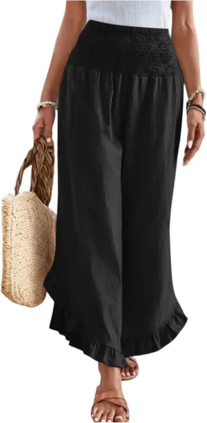 Linen Casual Pants for Women Summer Flowy Palazzo Pants Dressy High Waist Smocked Ruffle Hem Classic Pockets Trousers
