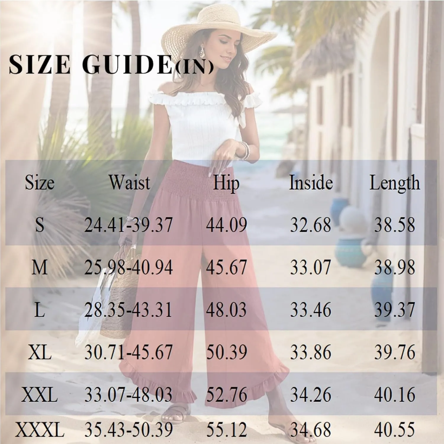 Linen Casual Pants for Women Summer Flowy Palazzo Pants Dressy High Waist Smocked Ruffle Hem Classic Pockets Trousers