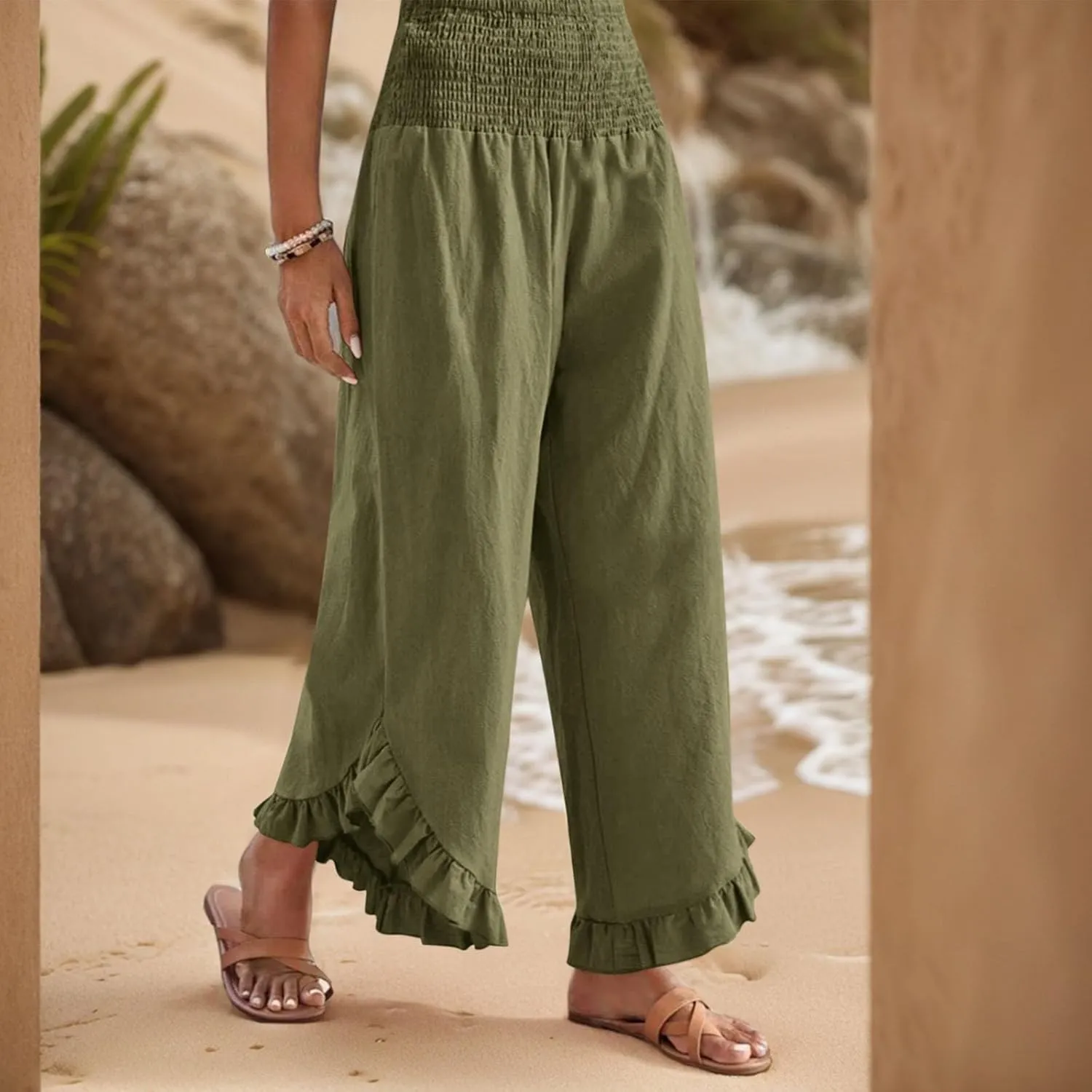 Linen Casual Pants for Women Summer Flowy Palazzo Pants Dressy High Waist Smocked Ruffle Hem Classic Pockets Trousers