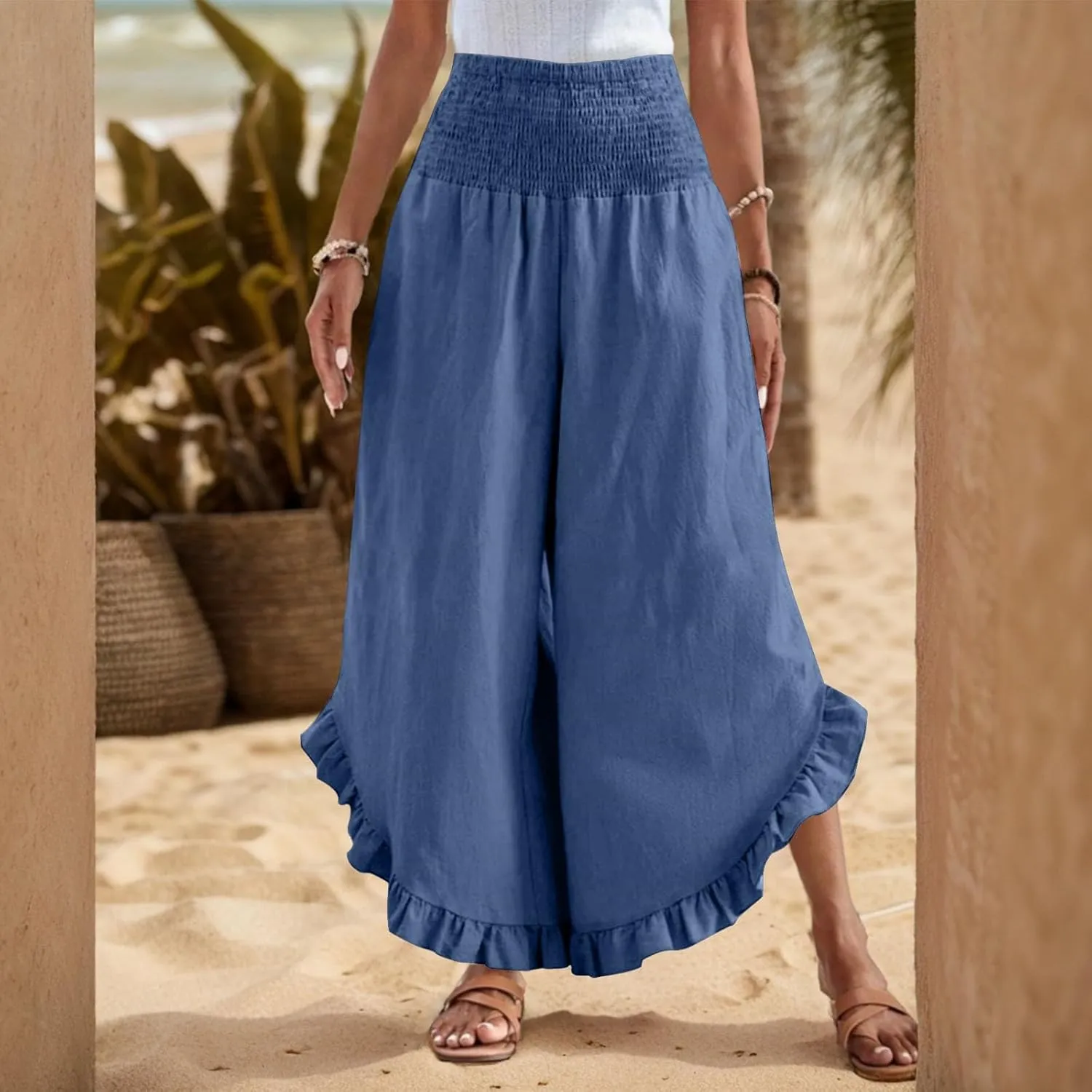 Linen Casual Pants for Women Summer Flowy Palazzo Pants Dressy High Waist Smocked Ruffle Hem Classic Pockets Trousers