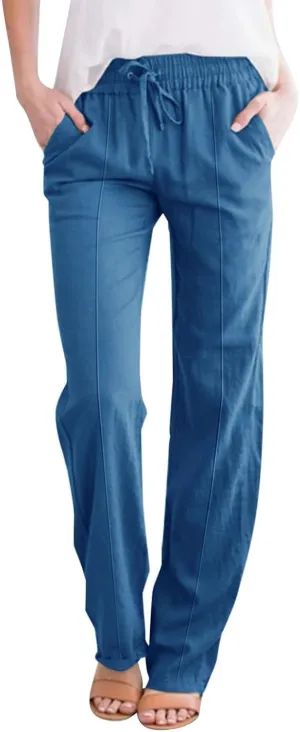 Linen Pants for Women Summer Loose Lounge Pants Drawstring Elastic Waist Trousers Pants Straight Leg Pants with Pocket