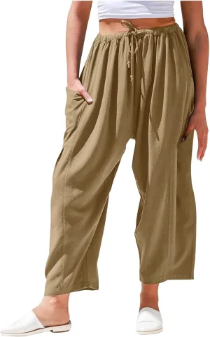 Linen Pants Women - Beach Pants for Women Casual Flowy Palazzo Pants Drawstring Wide Leg Linen Pants 2025 Summer Pants