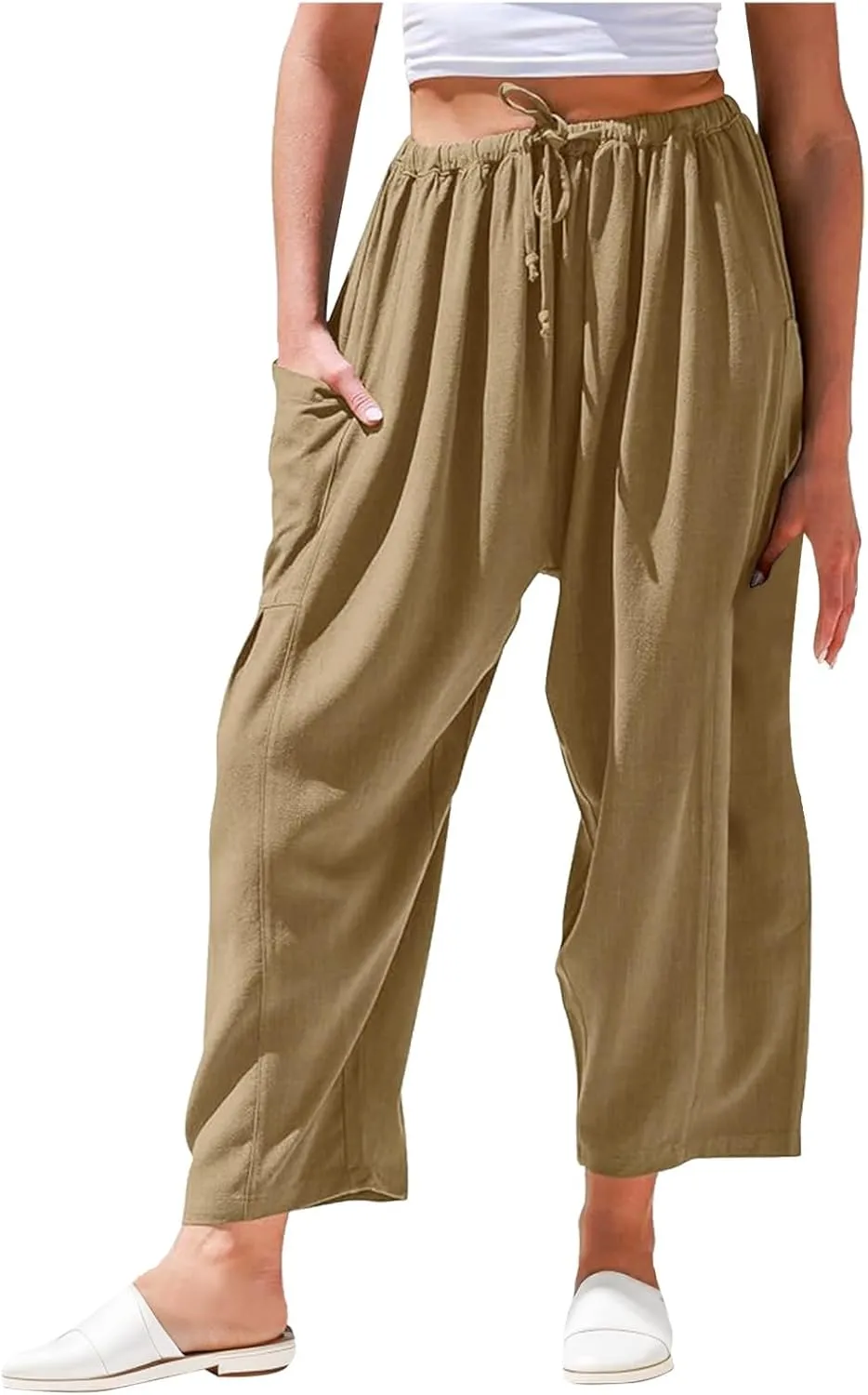 Linen Pants Women - Beach Pants for Women Casual Flowy Palazzo Pants Drawstring Wide Leg Linen Pants 2025 Summer Pants