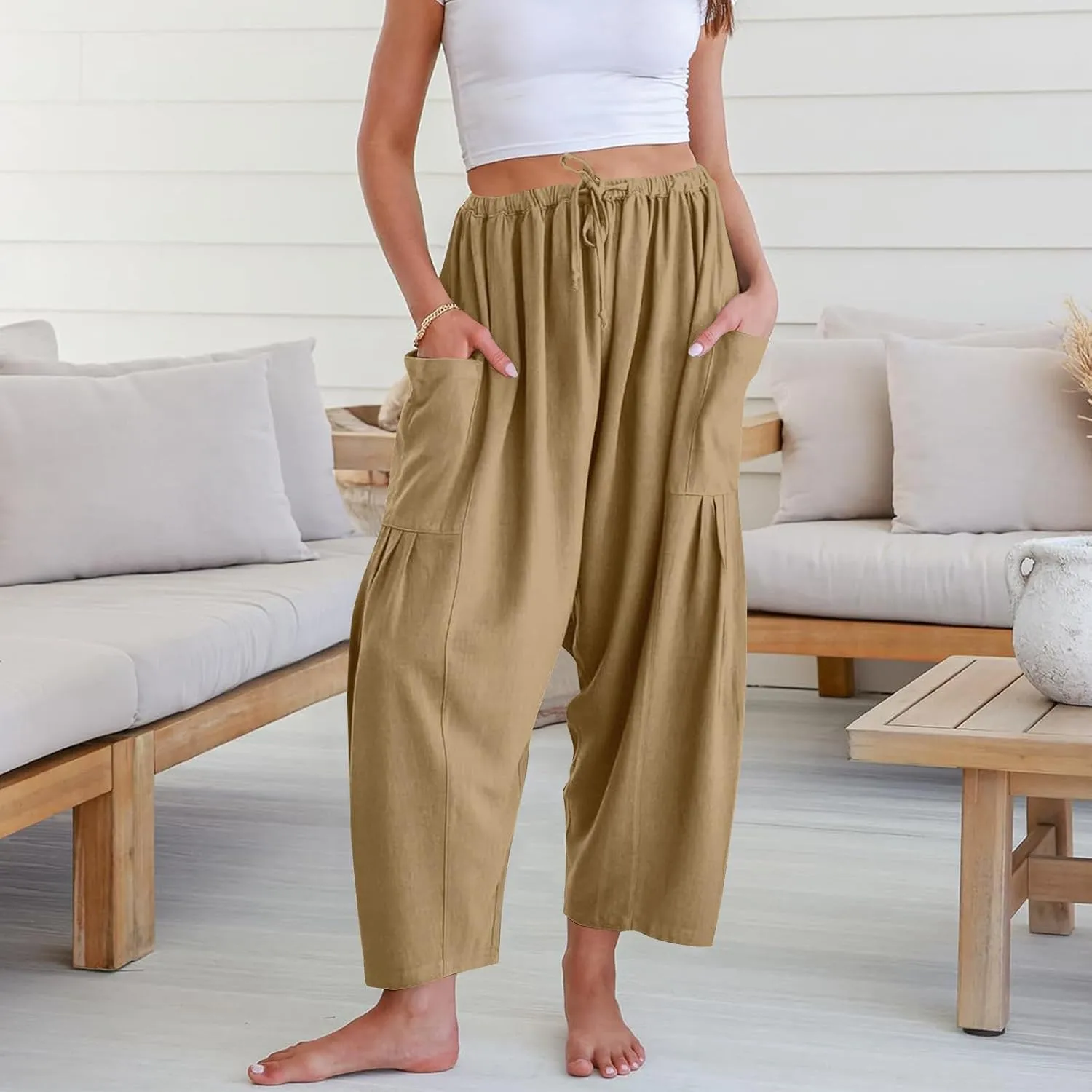 Linen Pants Women - Beach Pants for Women Casual Flowy Palazzo Pants Drawstring Wide Leg Linen Pants 2025 Summer Pants