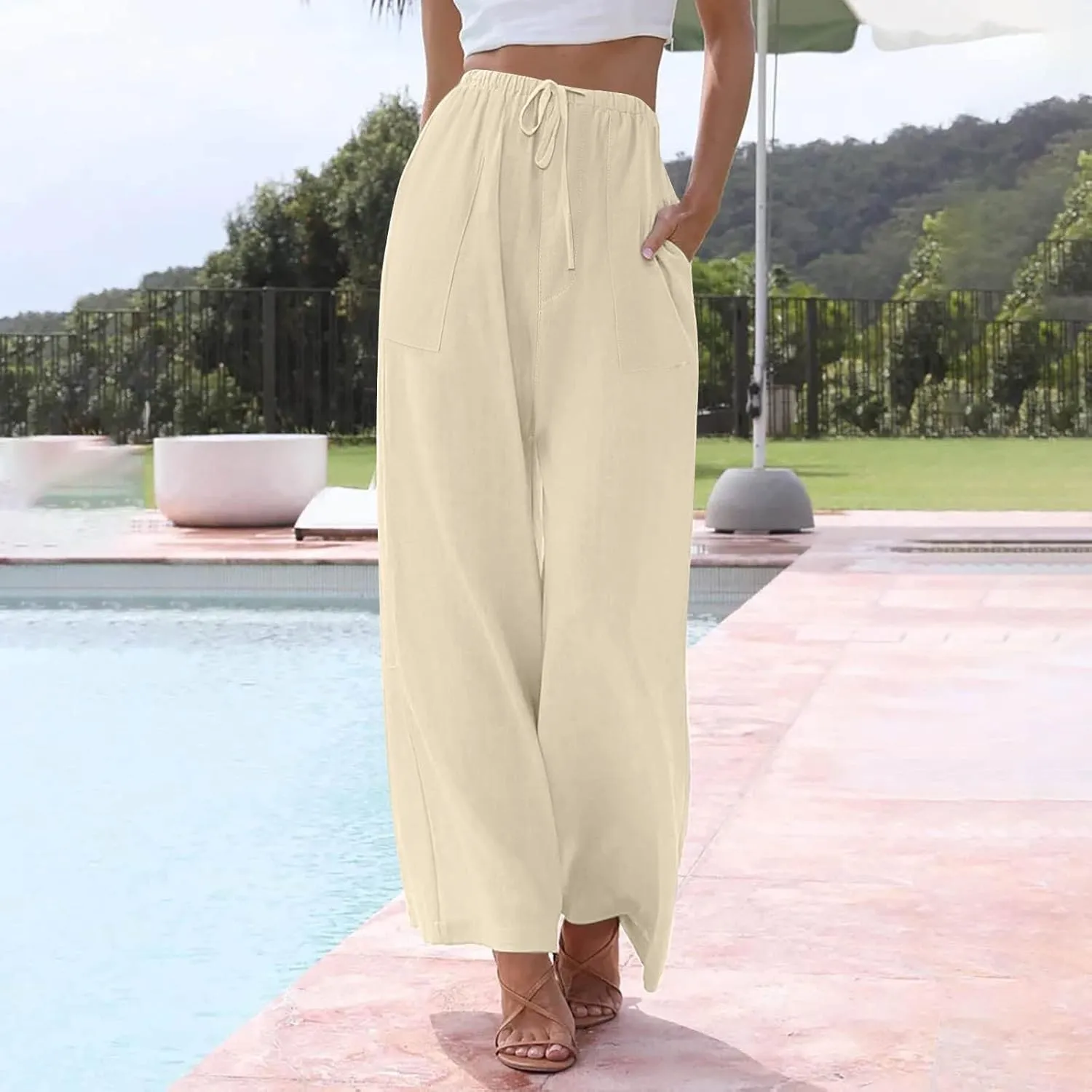Linen Pants Women Summer Wide Leg Pants Drawstring Elastic Waist Pants High Waisted Pants Casual Beach Trousers