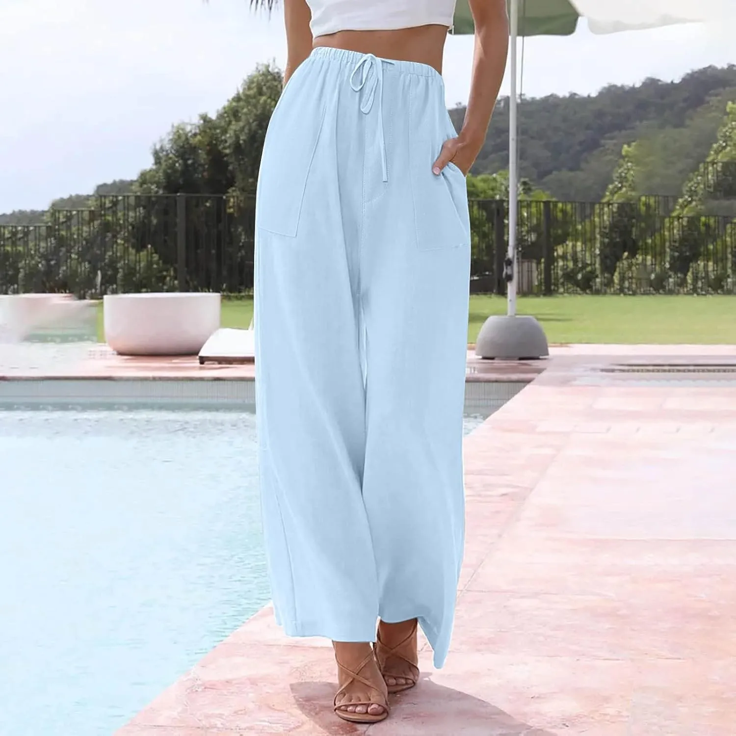 Linen Pants Women Summer Wide Leg Pants Drawstring Elastic Waist Pants High Waisted Pants Casual Beach Trousers