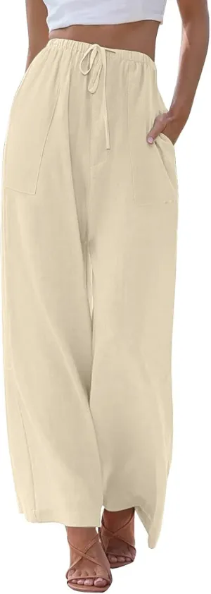 Linen Pants Women Summer Wide Leg Pants Drawstring Elastic Waist Pants High Waisted Pants Casual Beach Trousers
