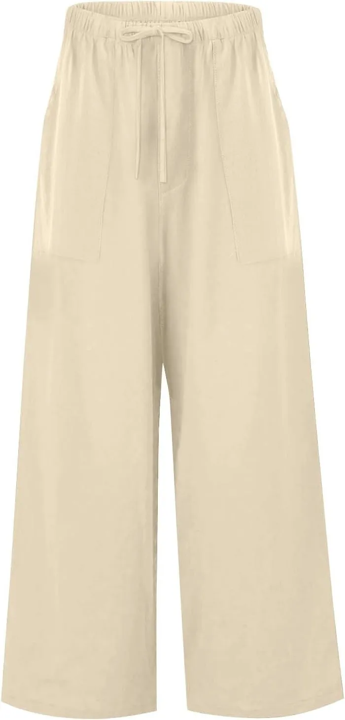 Linen Pants Women Summer Wide Leg Pants Drawstring Elastic Waist Pants High Waisted Pants Casual Beach Trousers