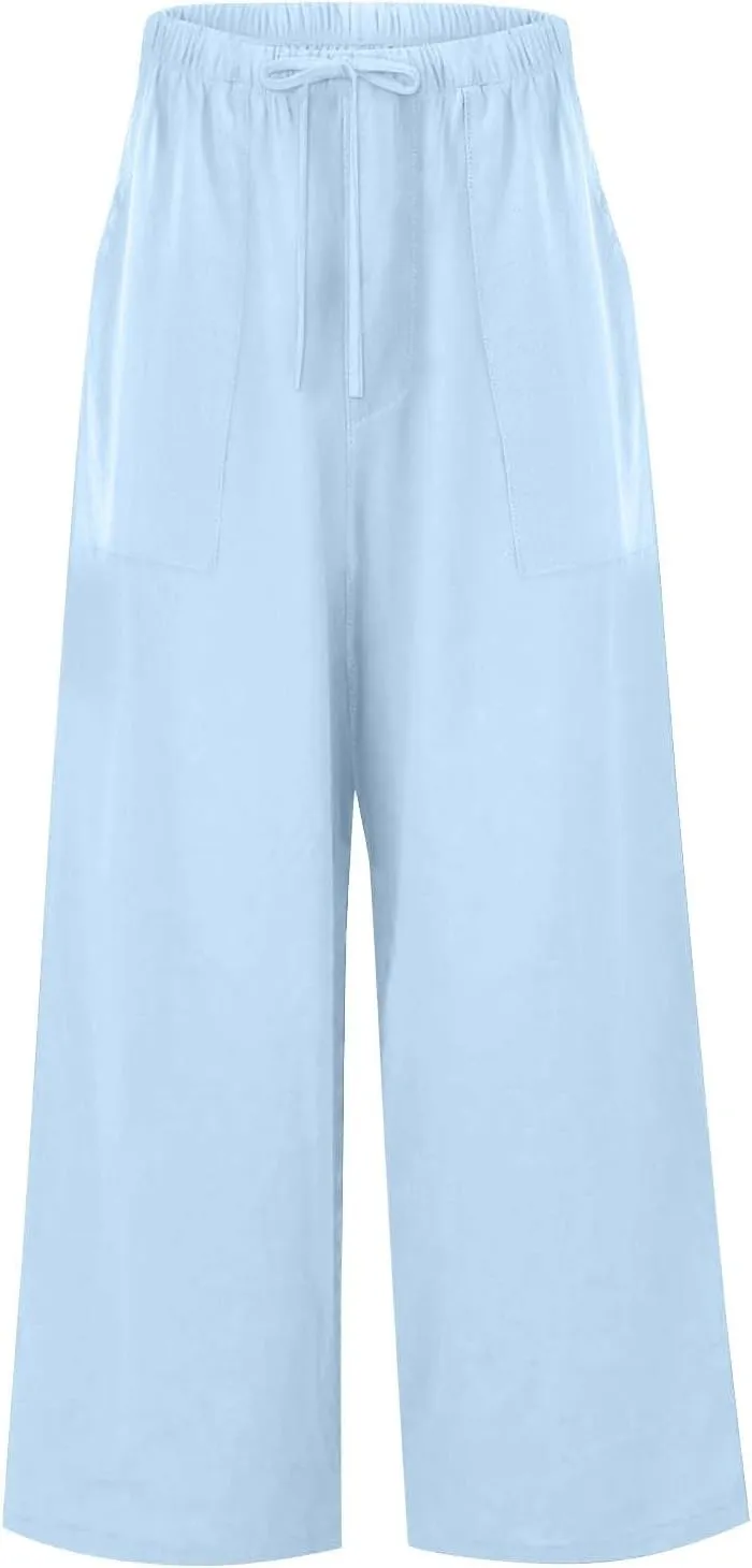 Linen Pants Women Summer Wide Leg Pants Drawstring Elastic Waist Pants High Waisted Pants Casual Beach Trousers