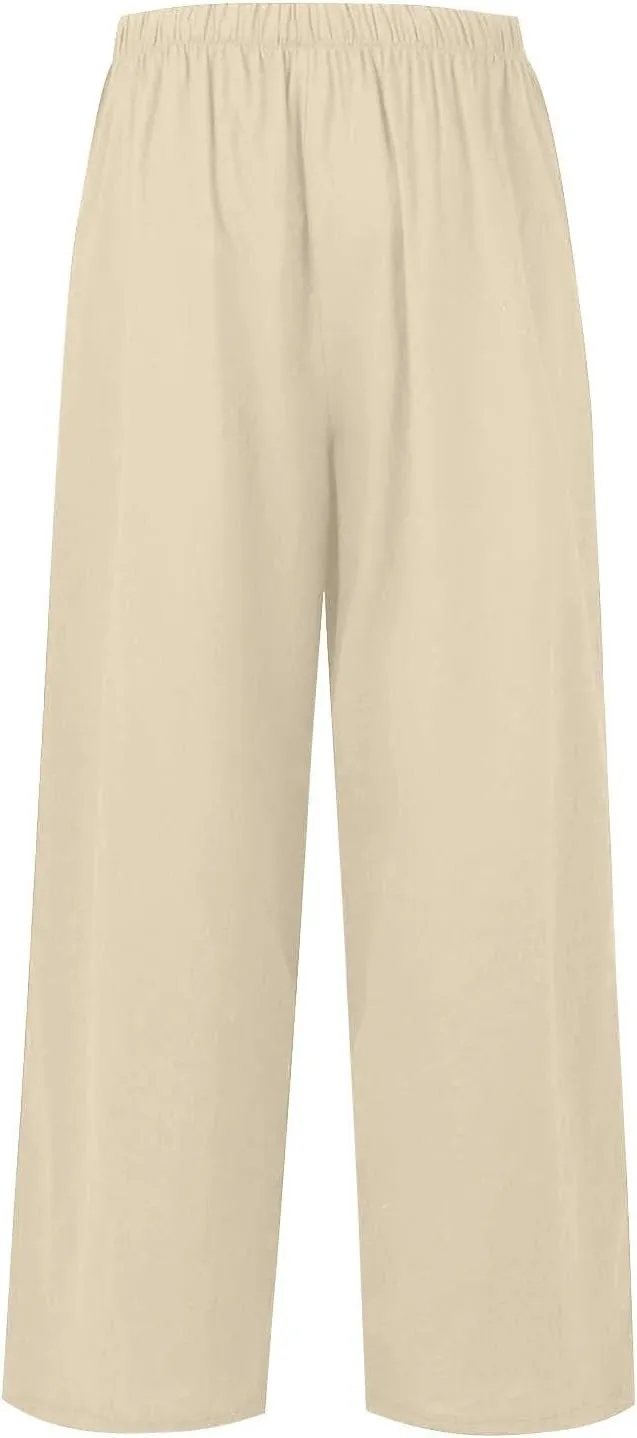 Linen Pants Women Summer Wide Leg Pants Drawstring Elastic Waist Pants High Waisted Pants Casual Beach Trousers