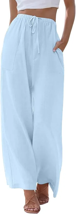 Linen Pants Women Summer Wide Leg Pants Drawstring Elastic Waist Pants High Waisted Pants Casual Beach Trousers