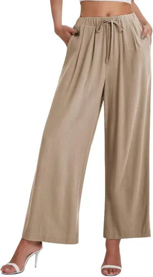 Linen Pants Women Wide Leg Flowy Boho Pants Lounge Pants Loose Fit Palazzo Pants Beach with Pockets