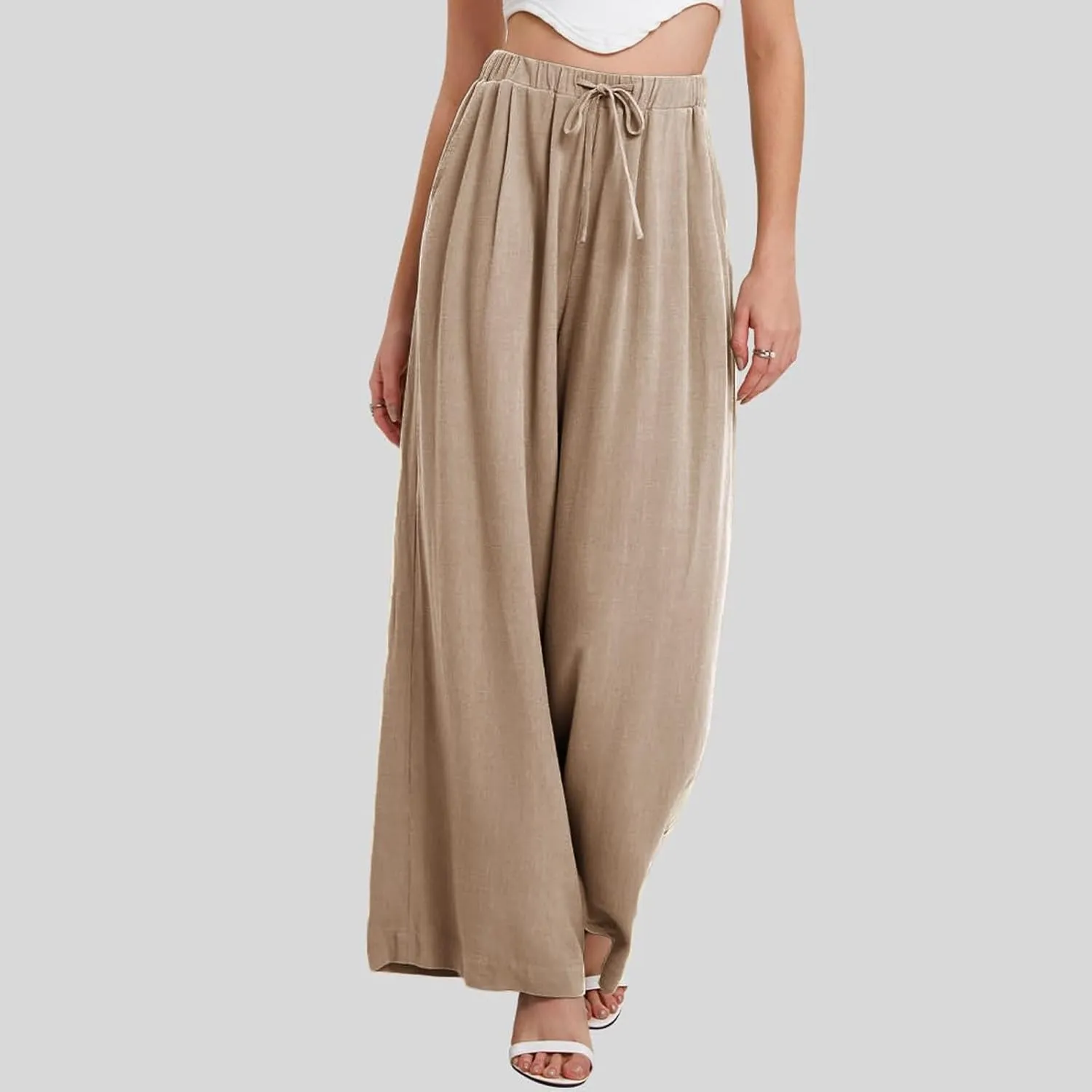 Linen Pants Women Wide Leg Flowy Boho Pants Lounge Pants Loose Fit Palazzo Pants Beach with Pockets
