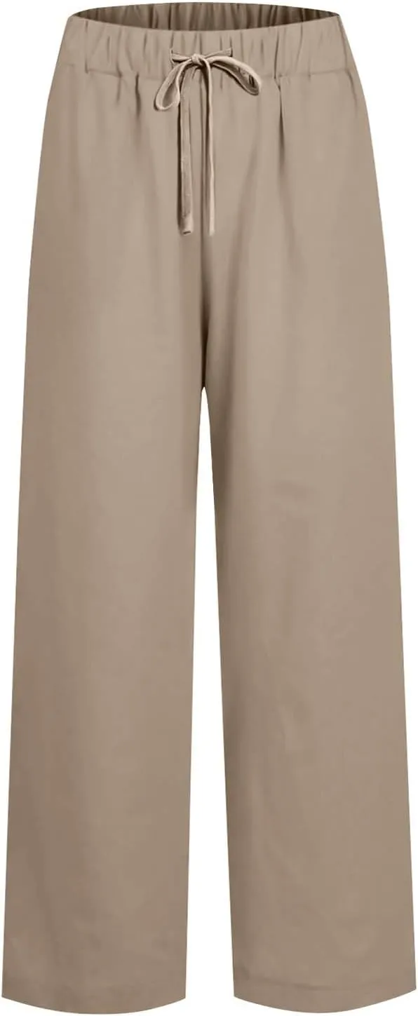 Linen Pants Women Wide Leg Flowy Boho Pants Lounge Pants Loose Fit Palazzo Pants Beach with Pockets