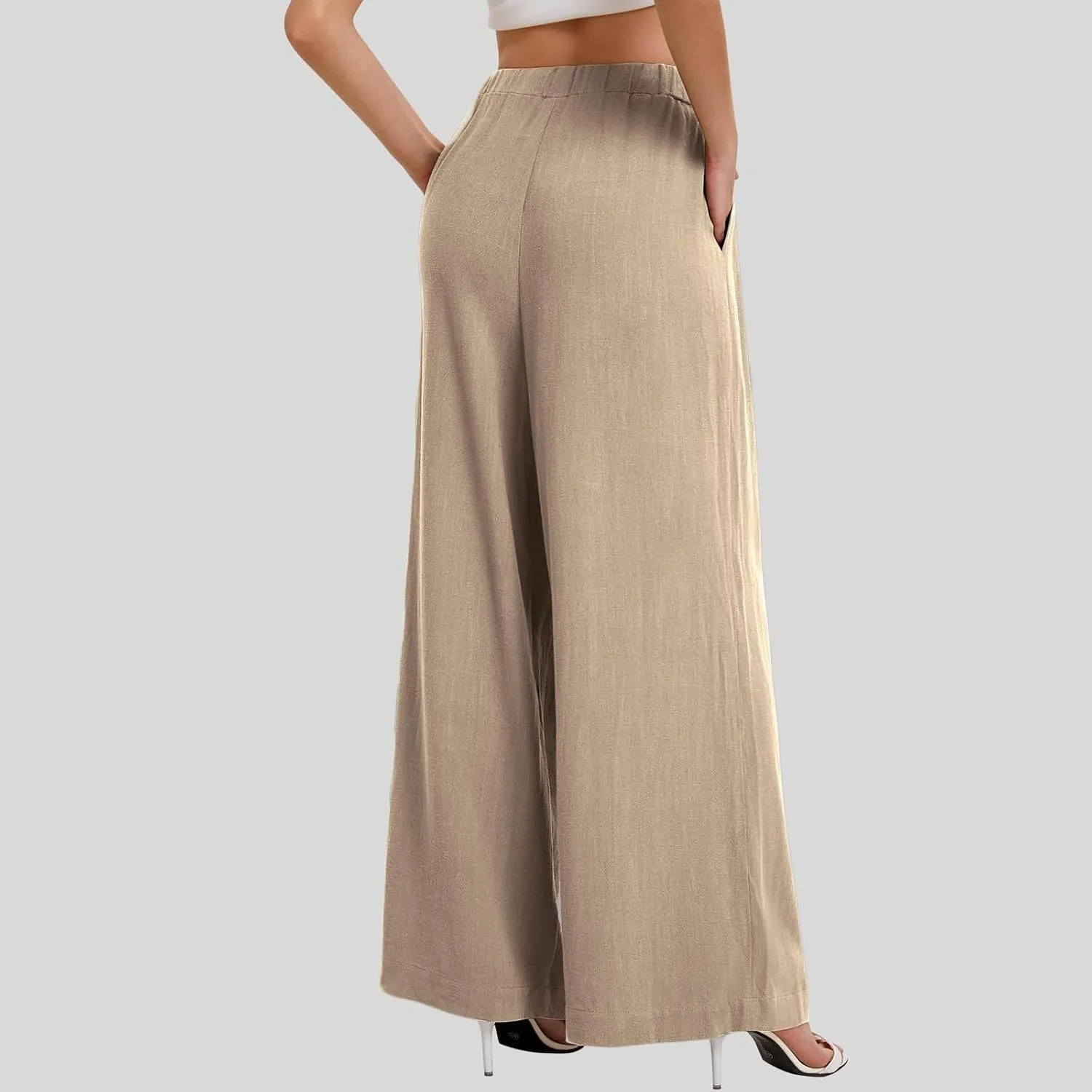 Linen Pants Women Wide Leg Flowy Boho Pants Lounge Pants Loose Fit Palazzo Pants Beach with Pockets