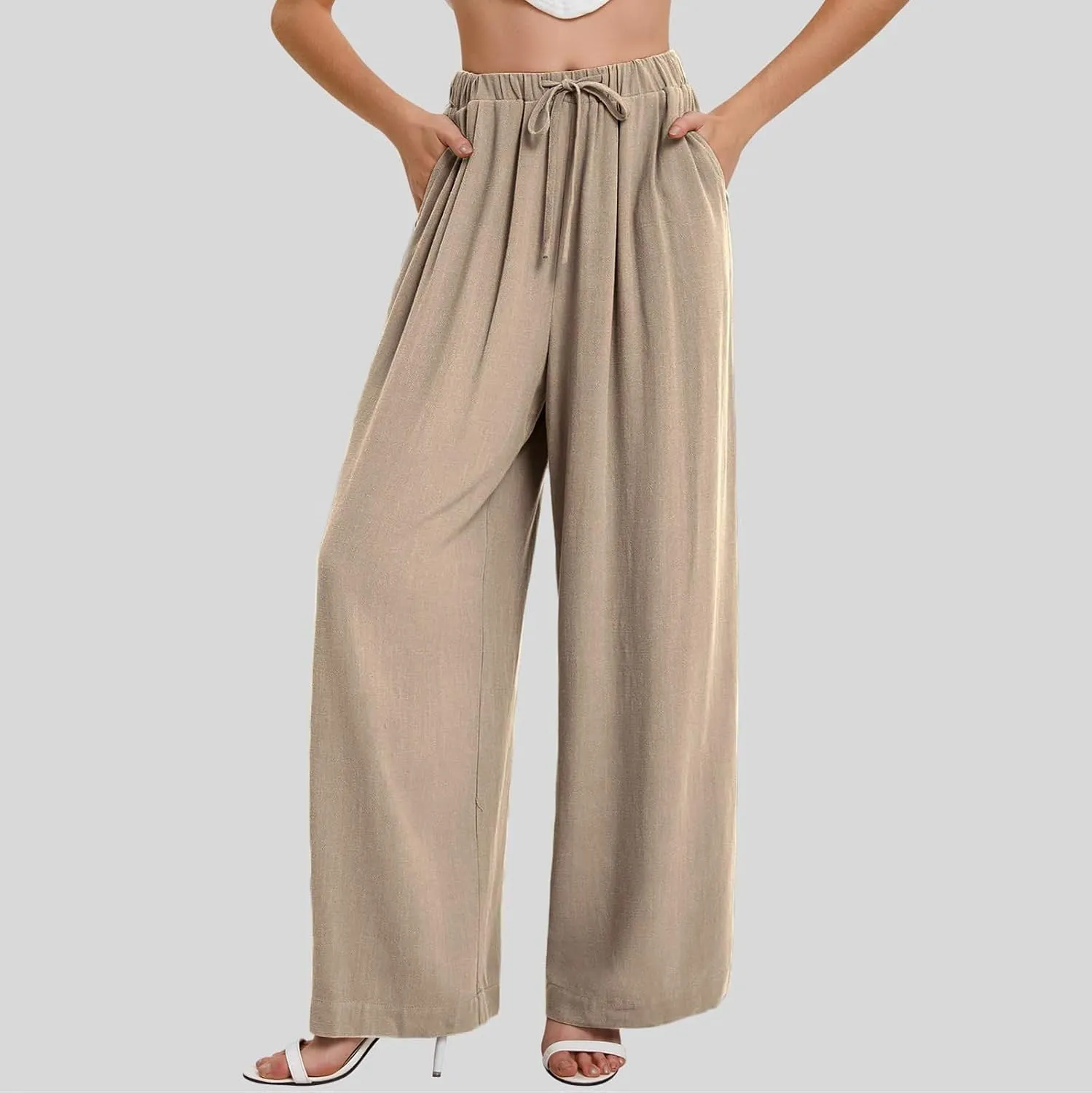 Linen Pants Women Wide Leg Flowy Boho Pants Lounge Pants Loose Fit Palazzo Pants Beach with Pockets