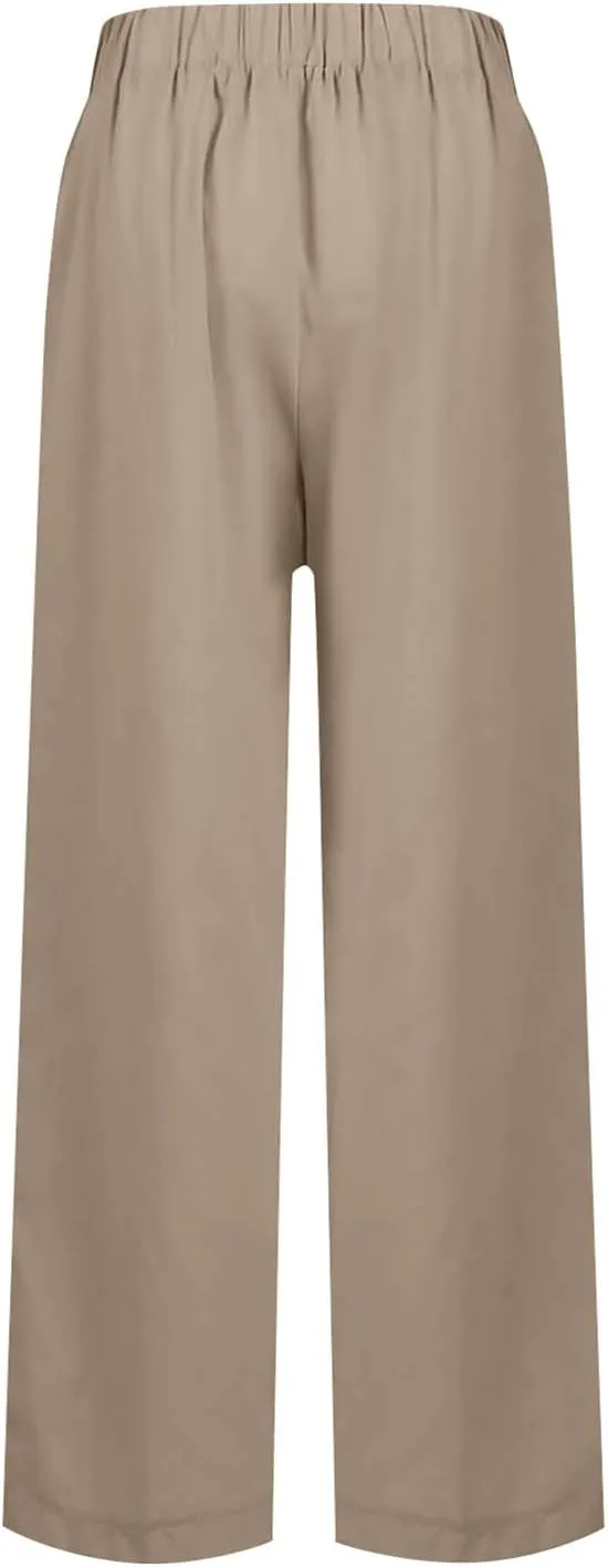 Linen Pants Women Wide Leg Flowy Boho Pants Lounge Pants Loose Fit Palazzo Pants Beach with Pockets