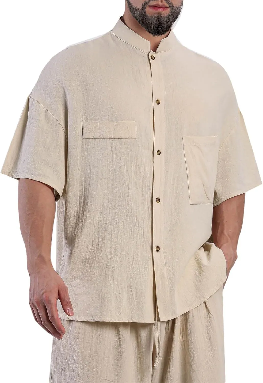 Linen Shirt for Men Button Down Short Sleeve Band Collar Casual Solid Shirts Relaxed Hawaiian Blouse with Pockets