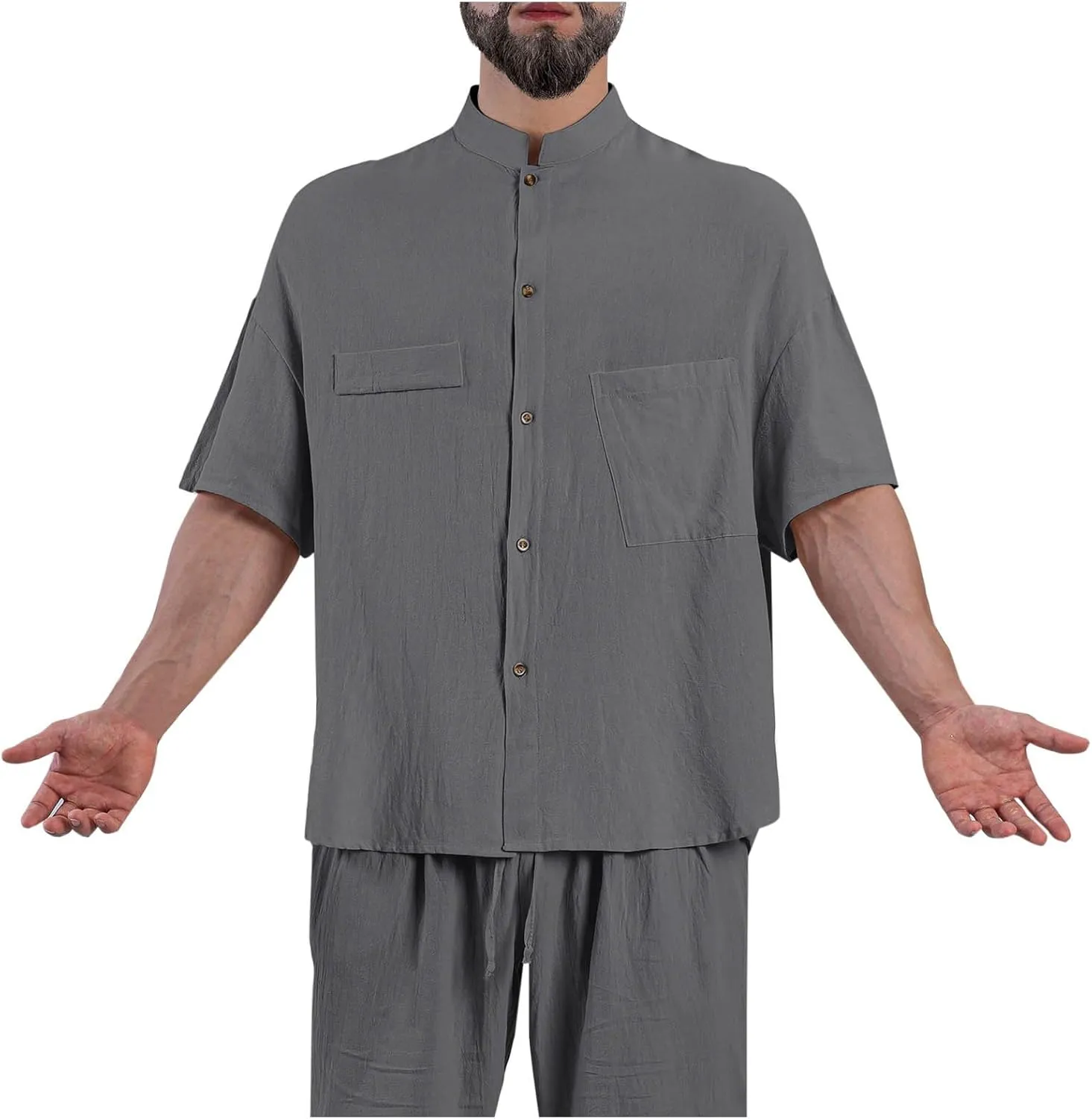 Linen Shirt for Men Button Down Short Sleeve Band Collar Casual Solid Shirts Relaxed Hawaiian Blouse with Pockets