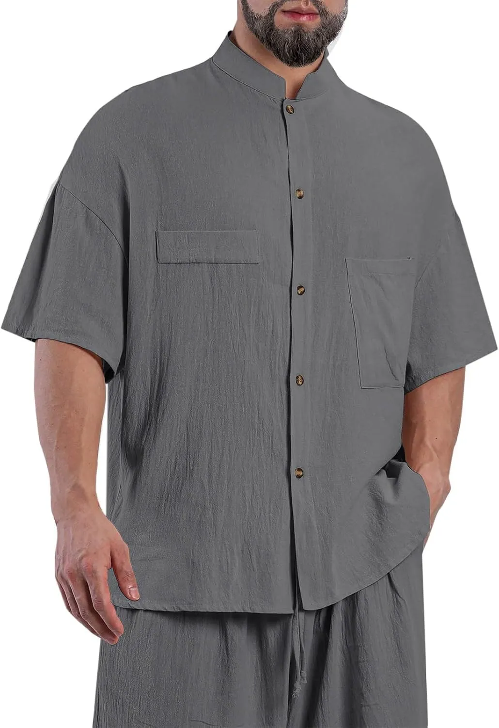 Linen Shirt for Men Button Down Short Sleeve Band Collar Casual Solid Shirts Relaxed Hawaiian Blouse with Pockets
